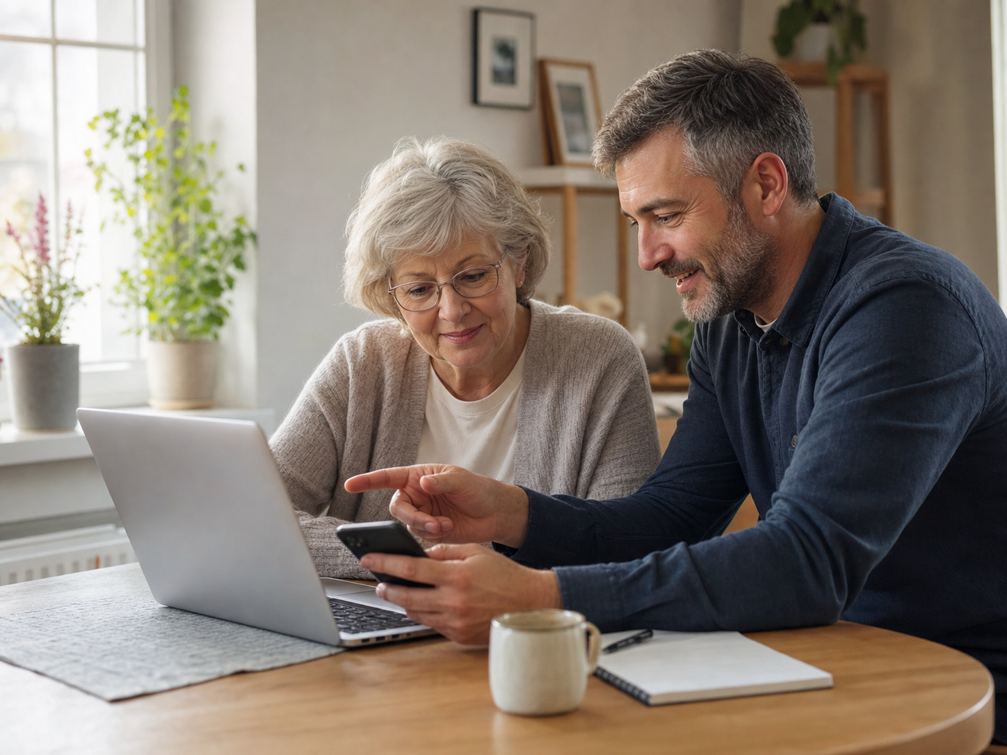 Ruhige Technik-Hilfe zu Hause: Eine ältere Frau und ein Helfer schauen gemeinsam auf Laptop und Smartphone.